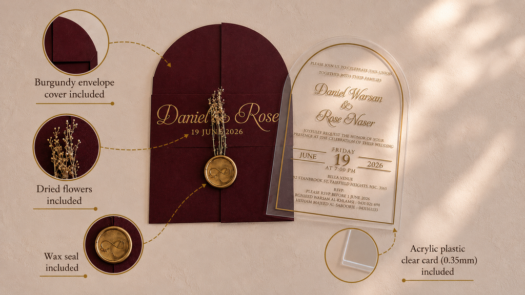 Component guide for the burgundy invitation: arched cover, dried flowers, wax seal and clear acrylic card labeled 0.35 mm thick.
