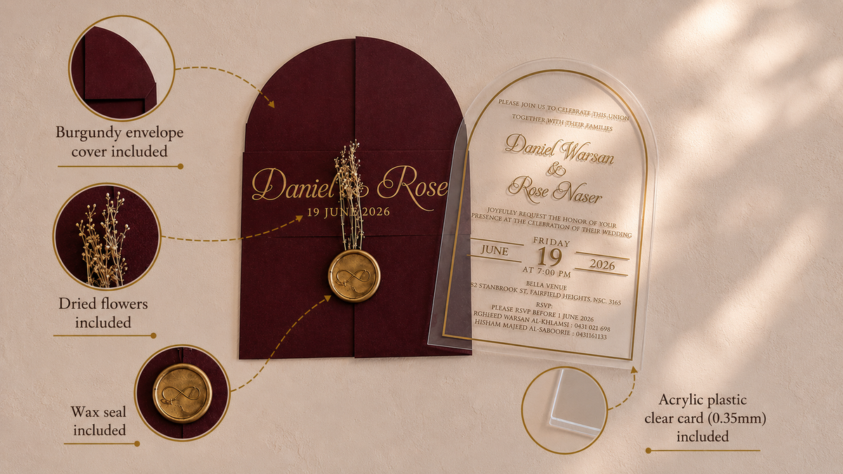 Component guide for the burgundy invitation: arched cover, dried flowers, wax seal and clear acrylic card labeled 0.35 mm thick.
