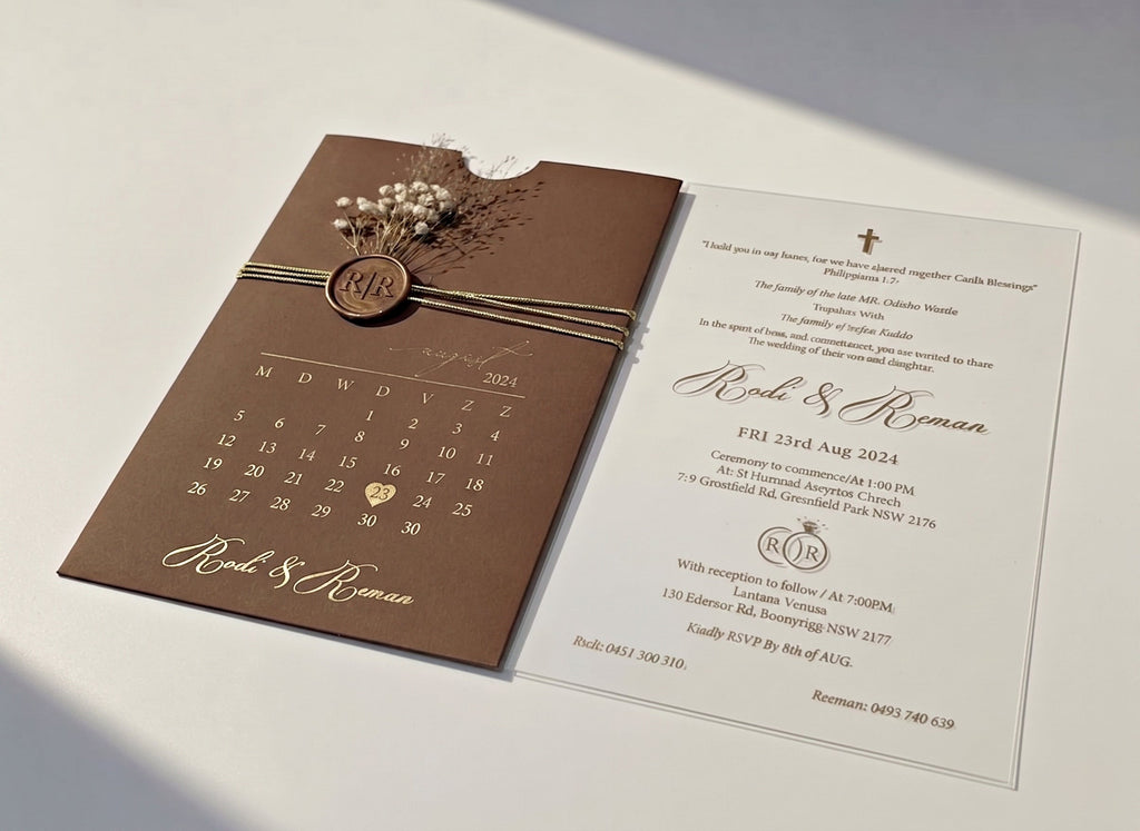 Brown Acrylic Wedding Invitation, Gold Foil Clear Card, Calendar Wedding Invite LunaInvites