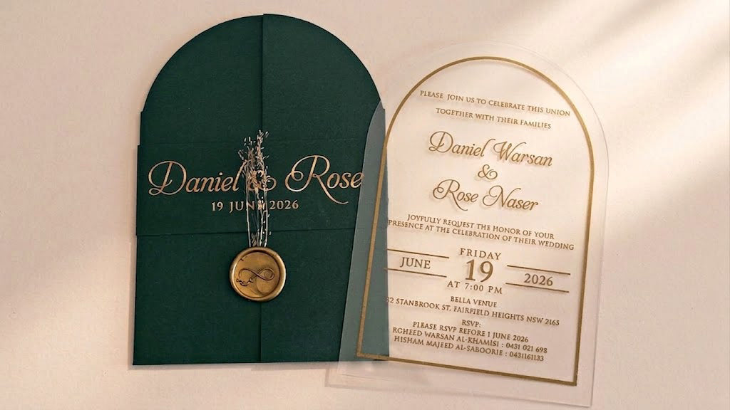 Front view of a green arched gatefold cover with a printed band, wax seal and dried flowers beside a clear acrylic wedding invitation.