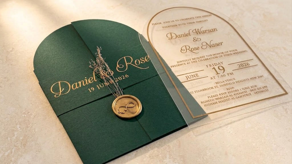 Angled view of the green invitation set, with the sealed gatefold cover on the left and the gold-bordered clear acrylic card on the right.