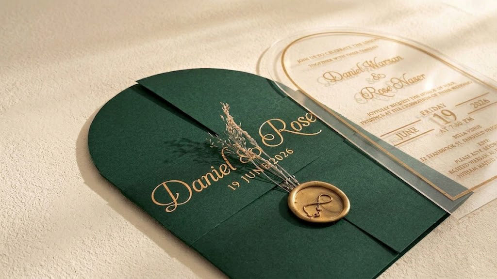 Low angled close-up of the green gatefold cover, emphasizing the gold-colored wax seal, dried sprigs and printed band; the clear card is partly visible.