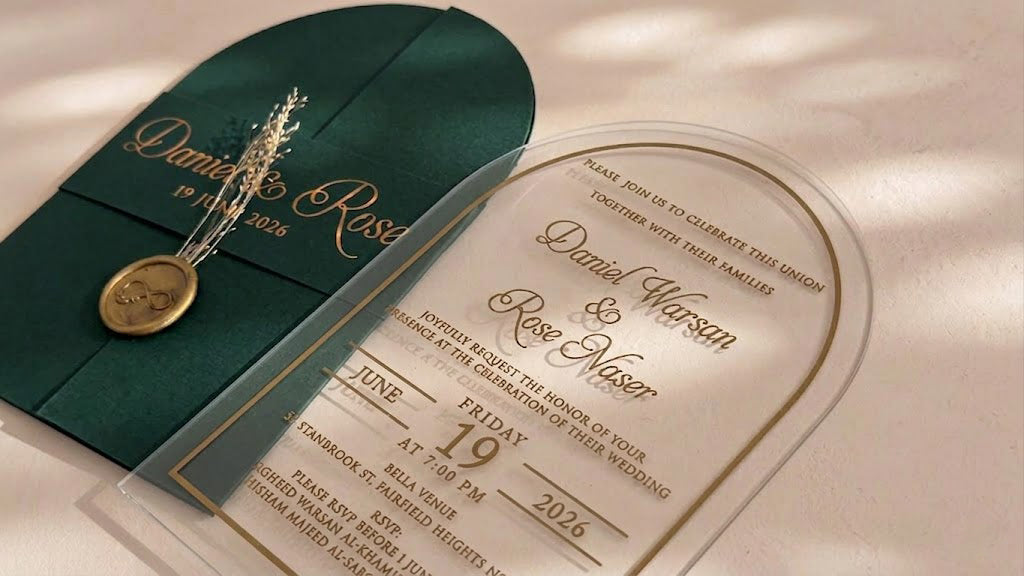 Angled close-up of the clear arched acrylic card's names, date and border, with the green cover, wax seal and dried flowers behind it.