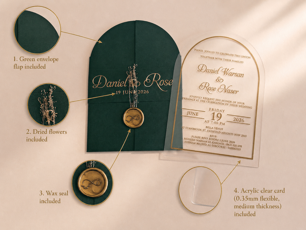 Component guide for the green invitation: arched cover, dried flowers, wax seal and clear acrylic card labeled 0.35 mm thick.