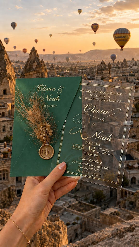 Clear Acrylic Wedding Invitations with Gold Print & White Envelope LunaInvites