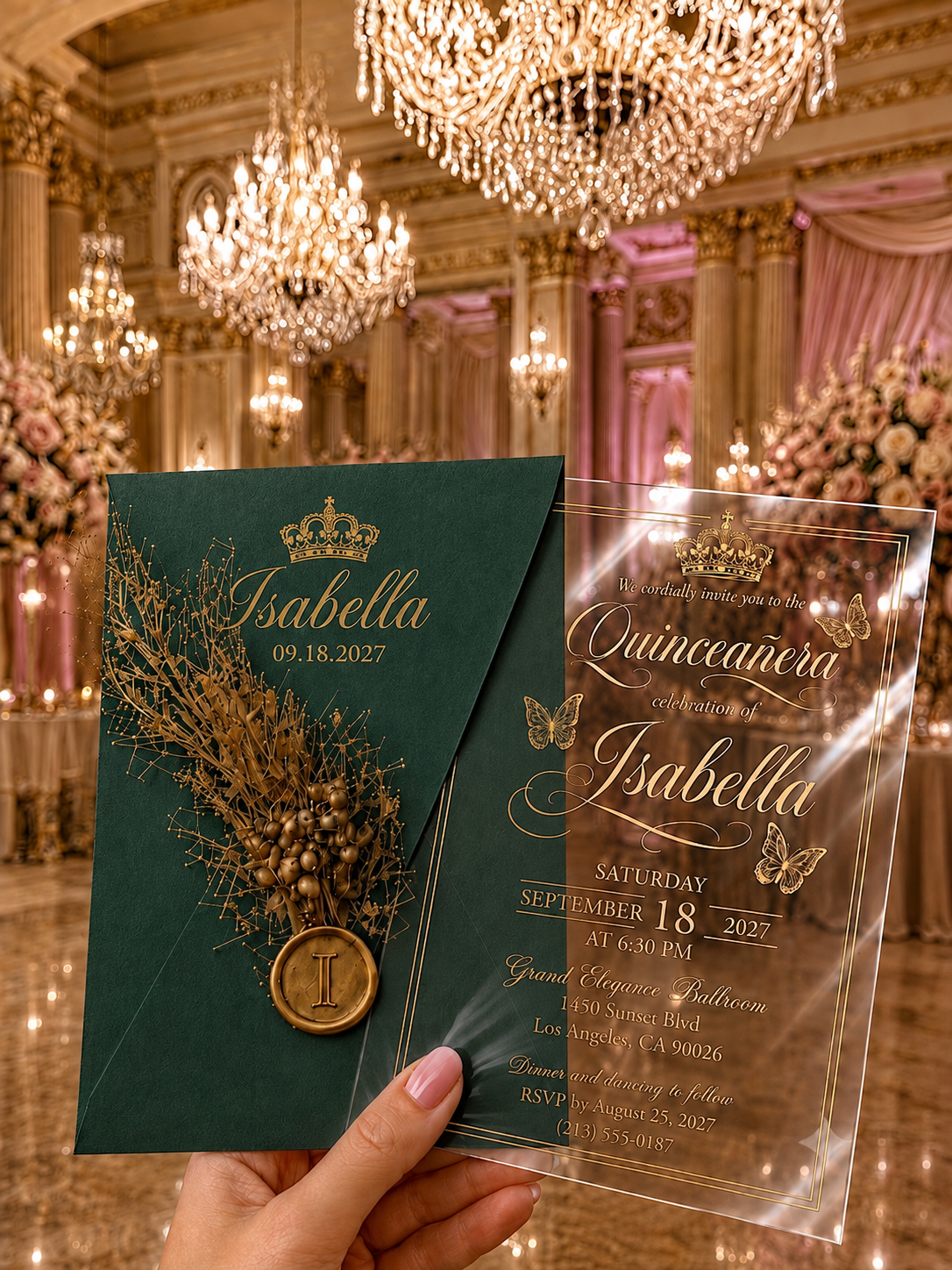 Personalized Clear Acrylic Quinceañera Invitations with Gold Print & Pink Envelope LunaInvites