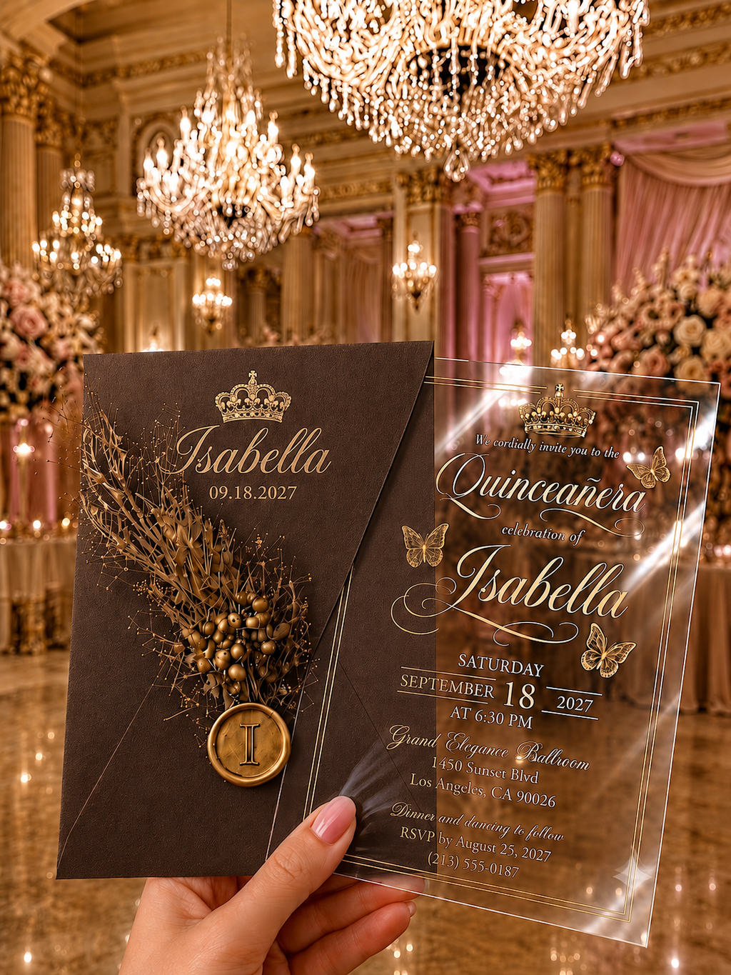 Personalized Clear Acrylic Quinceañera Invitations with Gold Print & Pink Envelope LunaInvites