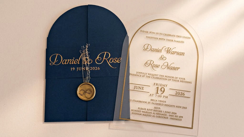 Front view of a navy blue arched gatefold cover with a printed band, wax seal and dried flowers beside a clear acrylic wedding invitation.