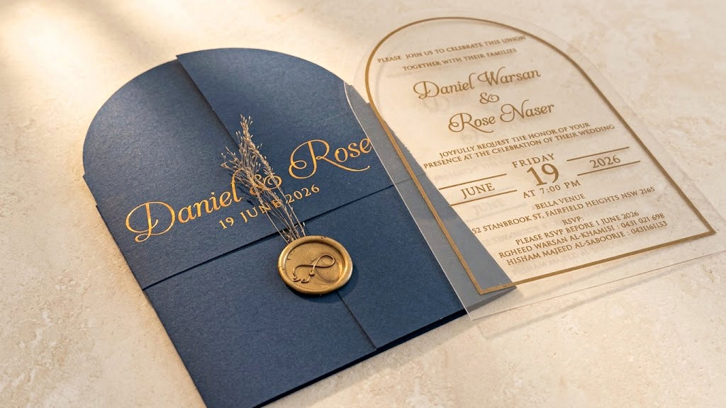 Angled view of the navy blue invitation set, with the sealed gatefold cover on the left and the gold-bordered clear acrylic card on the right.