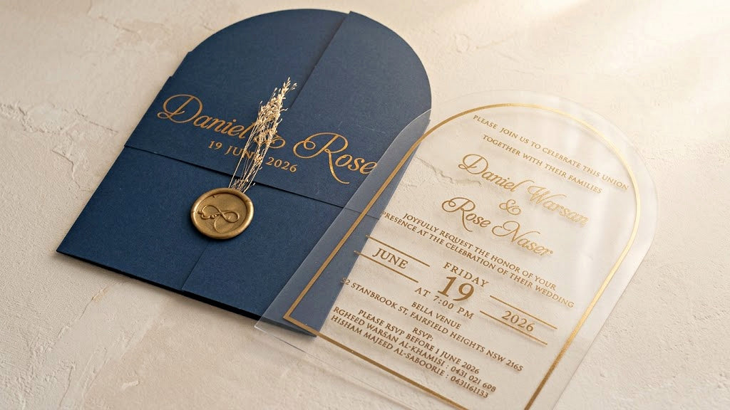 Diagonal view of the navy blue arched cover and clear acrylic card, showing the printed band, round gold-colored wax seal and dried sprigs.