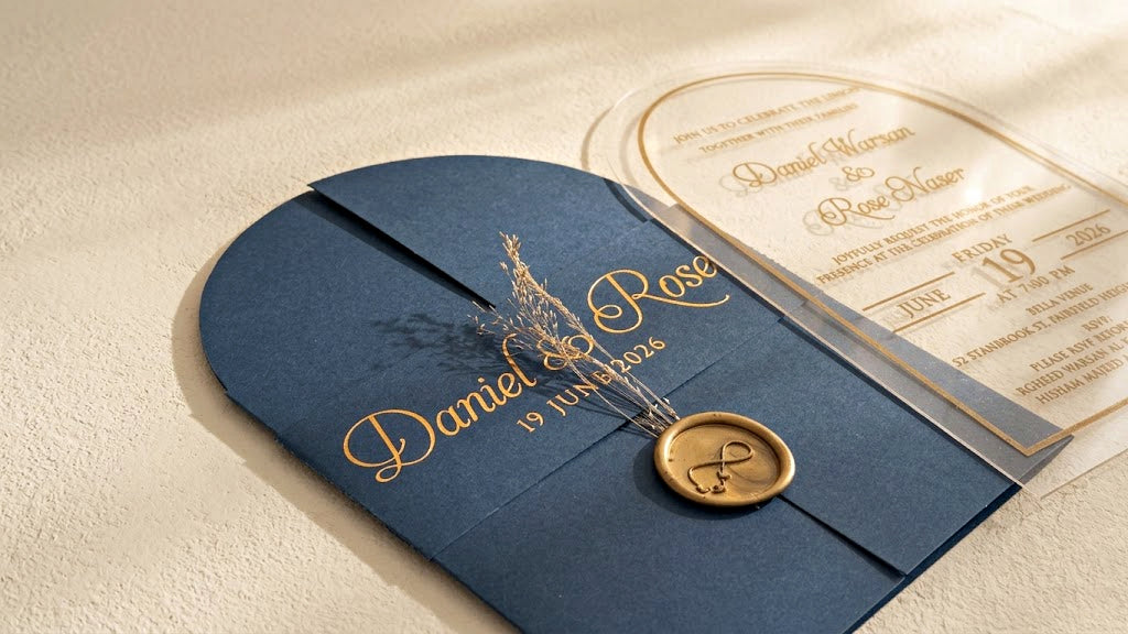 Low angled close-up of the navy blue gatefold cover, emphasizing the gold-colored wax seal, dried sprigs and printed band; the clear card is partly visible.