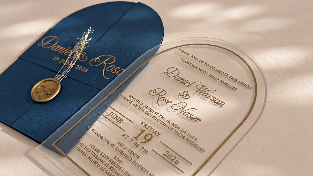 Angled close-up of the clear arched acrylic card's names, date and border, with the navy blue cover, wax seal and dried flowers behind it.