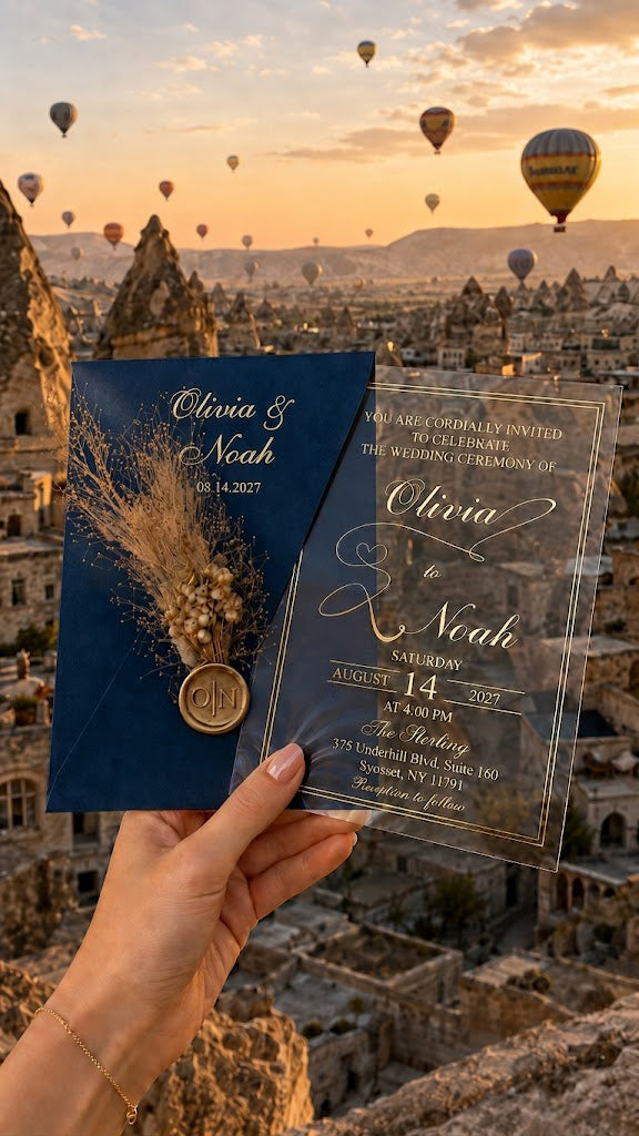 Clear Acrylic Wedding Invitations with Gold Print & White Envelope LunaInvites