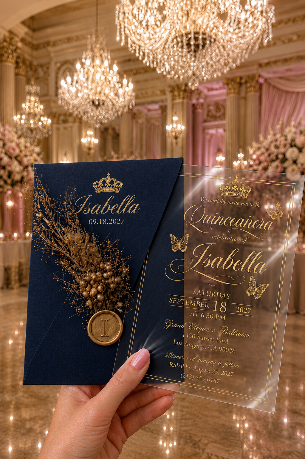 Personalized Clear Acrylic Quinceañera Invitations with Gold Print & Pink Envelope LunaInvites