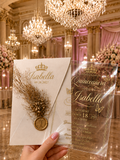 Personalized Clear Acrylic Quinceañera Invitations with Gold Print & Pink Envelope LunaInvites