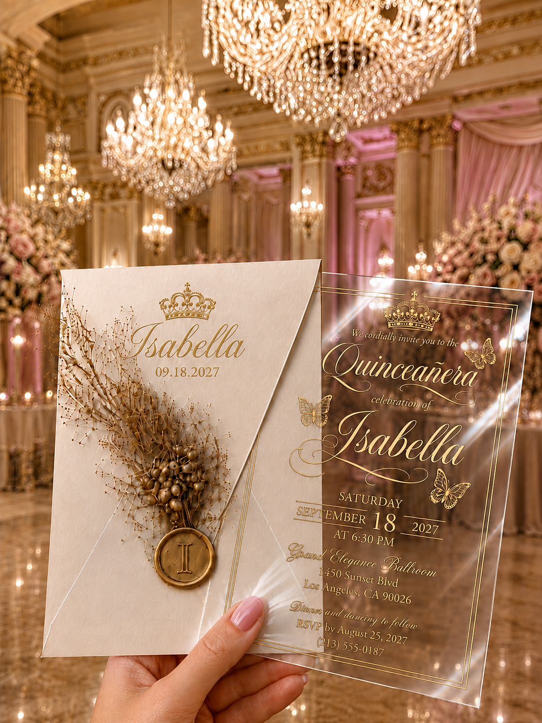 Personalized Clear Acrylic Quinceañera Invitations with Gold Print & Pink Envelope LunaInvites