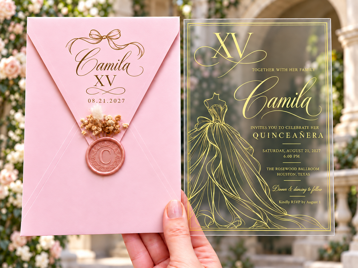 Clear Quinceañera invitation with gold ball gown design, pink envelope, pink wax seal and dried flowers.