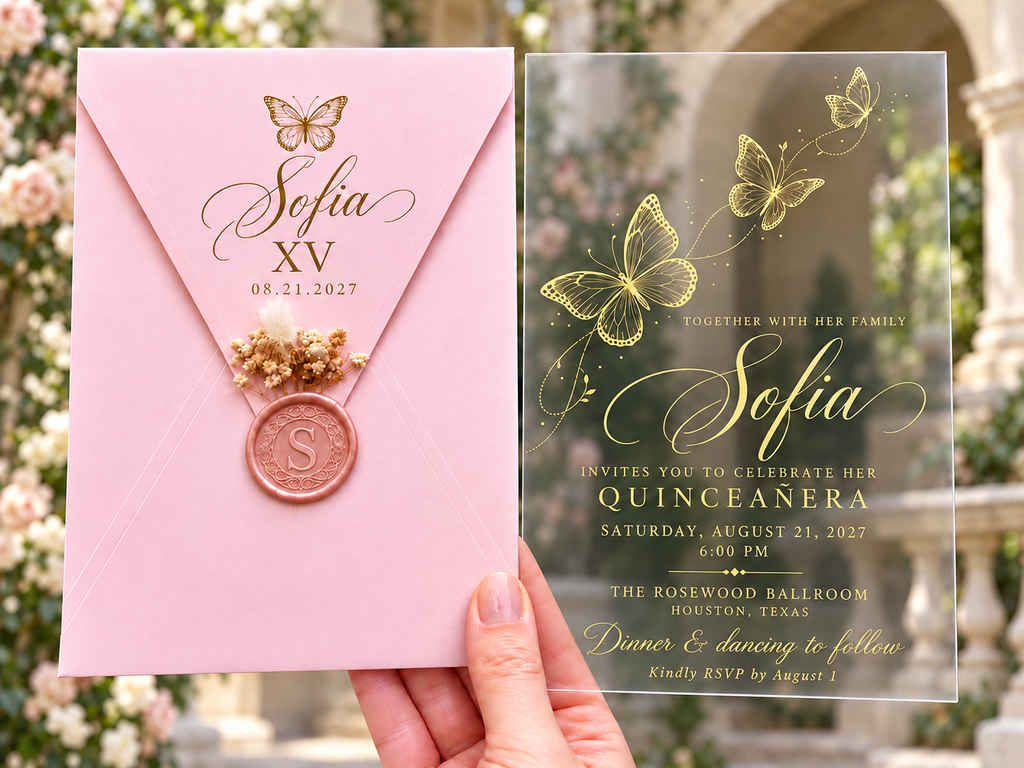 Clear Quinceañera invitation with gold butterfly design, pink envelope, pink wax seal and dried flowers.