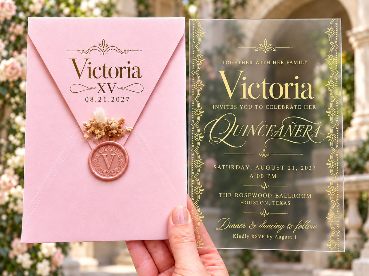 Clear Quinceañera invitation with gold classic border design, pink envelope, pink wax seal and dried flowers.
