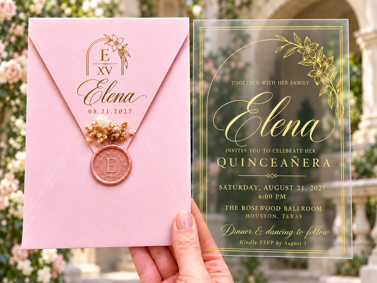 Clear Quinceañera invitation with gold floral monogram design, pink envelope, pink wax seal and dried flowers.