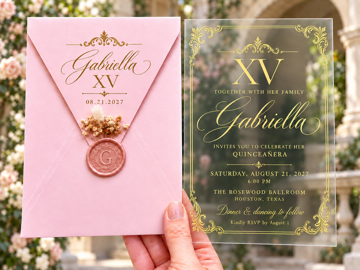 Clear acrylic Quinceañera invitation with a gold ornate frame, pink envelope, pink wax seal and dried flowers.