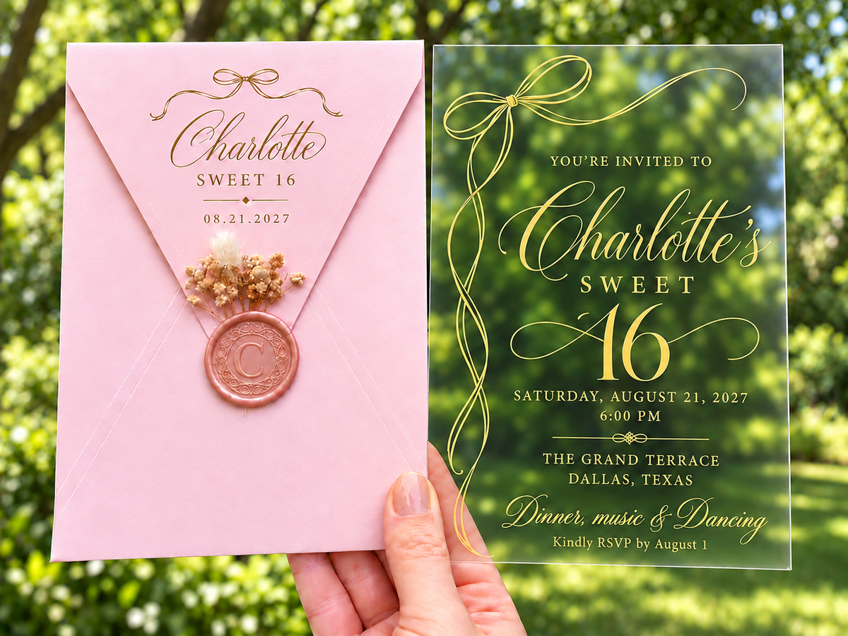 Clear Sweet 16 invitation with gold bow design, pink envelope, pink wax seal and dried flowers.