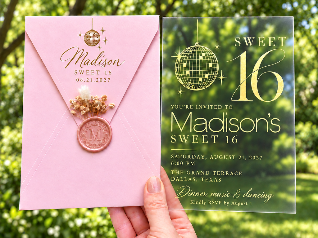 Clear Sweet 16 invitation with gold disco ball design, pink envelope, pink wax seal and dried flowers.
