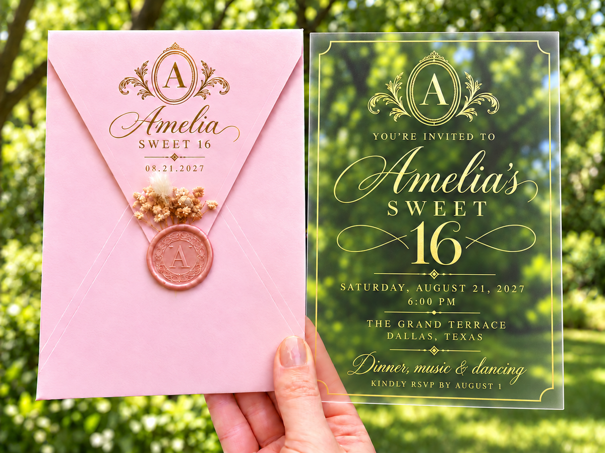 Clear Sweet 16 invitation with gold ornate monogram design, pink envelope, pink wax seal and dried flowers.