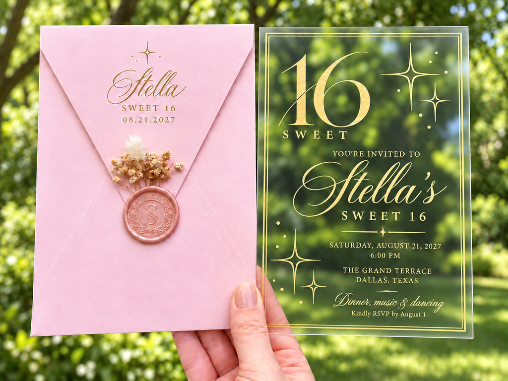 Clear Sweet 16 invitation with gold star design, pink envelope, pink wax seal and dried flowers.