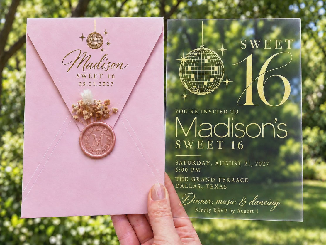 Video of the clear acrylic Sweet 16 Disco Ball design with pink envelope.