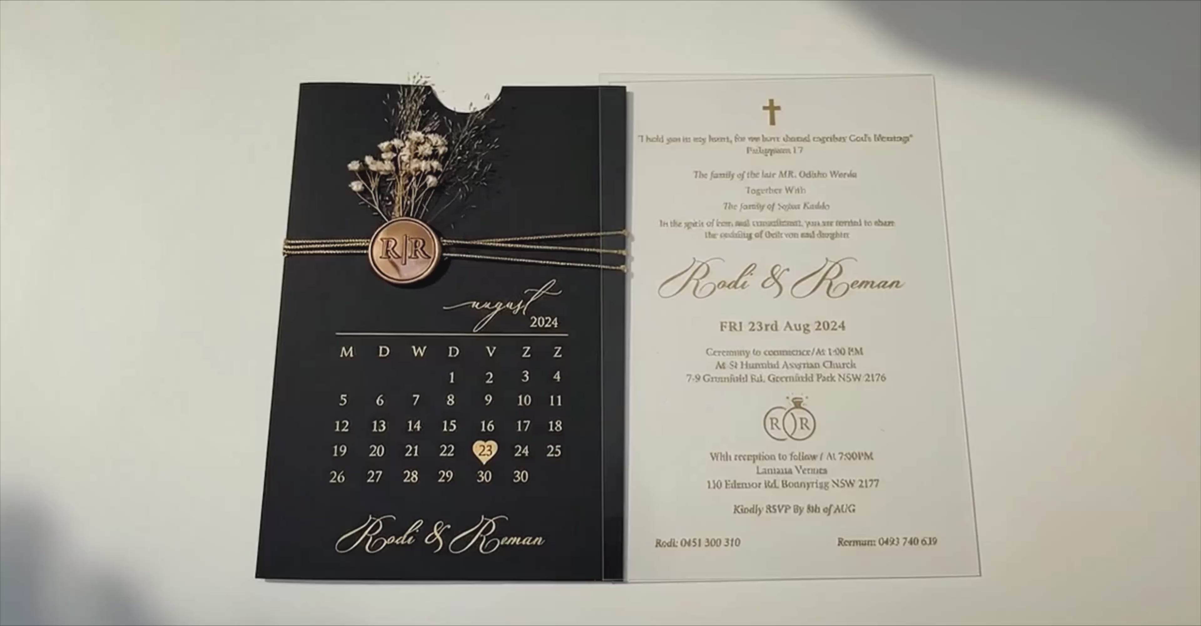 Clear Acrylic Wedding Invitation with Gold Foil & Dried Flower - Black Envelope Calendar
