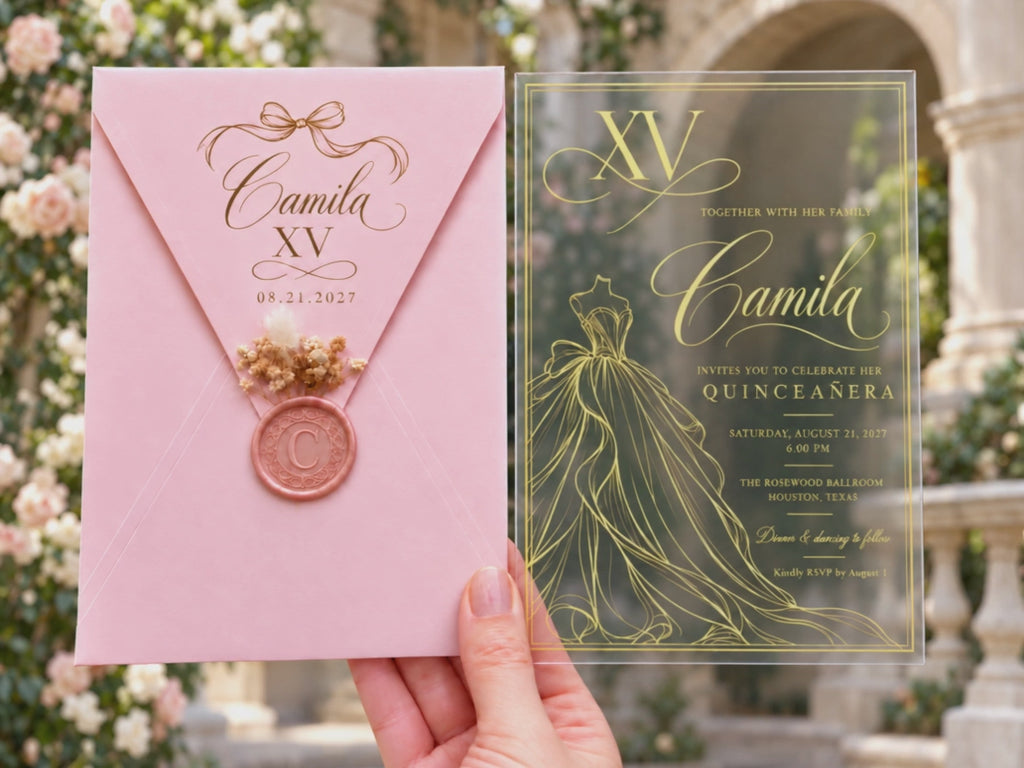 Video of the clear acrylic Quinceañera Ball Gown design with pink envelope.