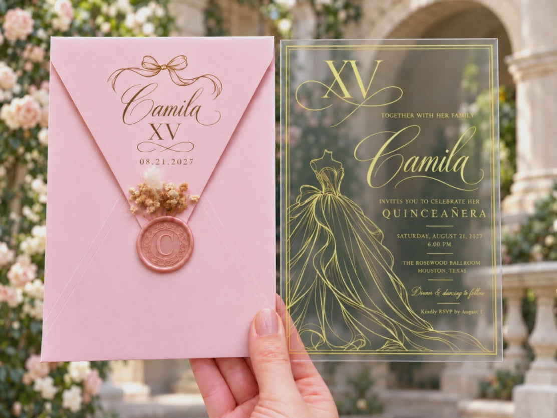Video of the clear acrylic Quinceañera Ball Gown design with pink envelope.