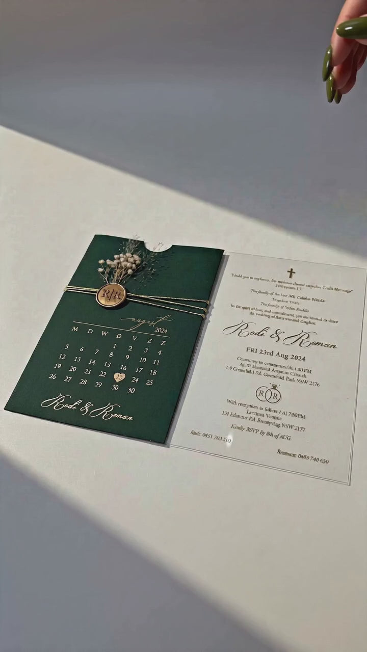 Green Acrylic Wedding Invitation, Gold Foil Clear Card, Calendar Wedding Invite