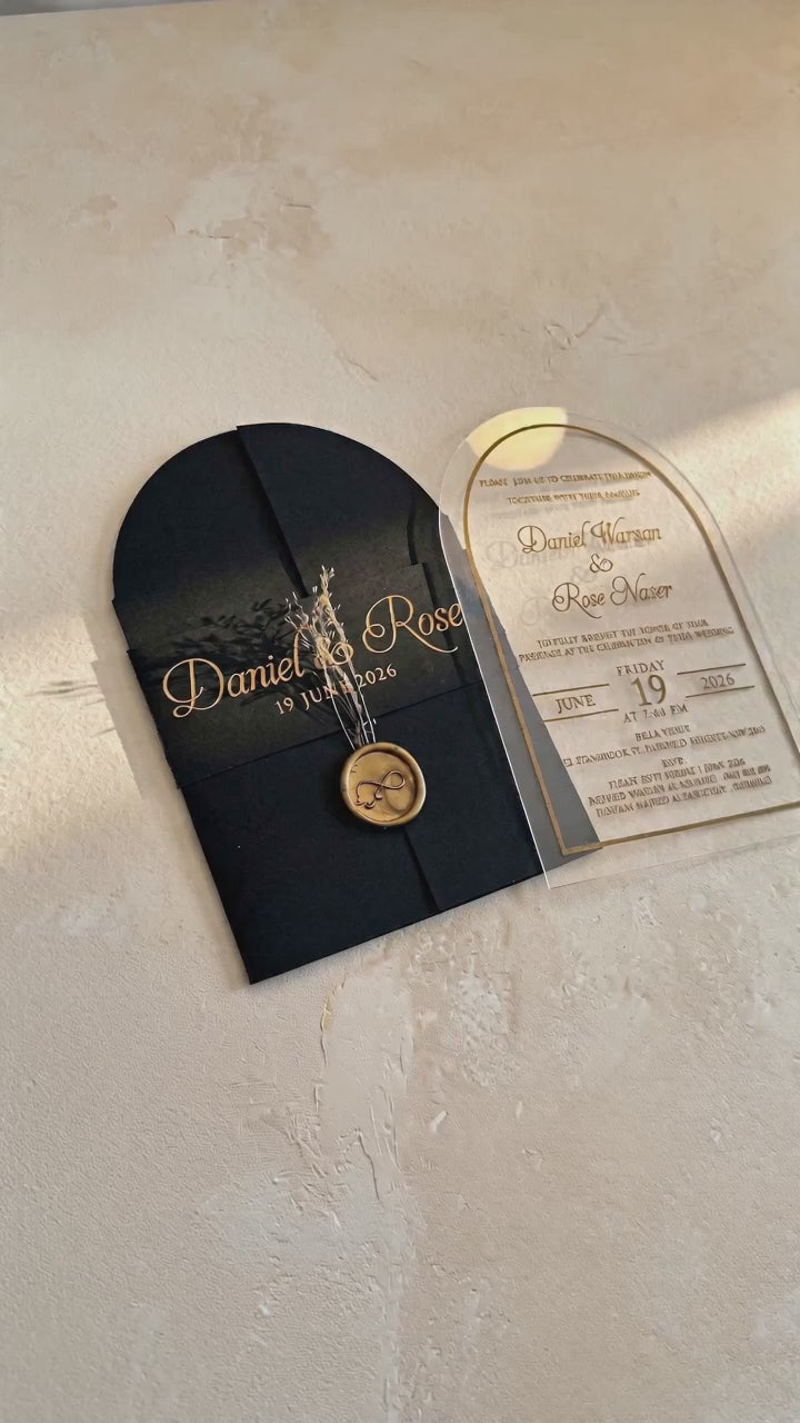Clear Acrylic Wedding Invitation with Gold Foil & Flower - Black Envelope