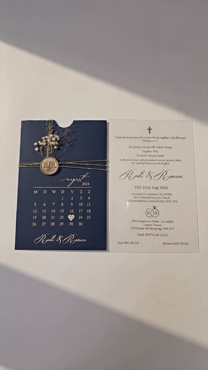 Navy Blue Acrylic Wedding Invitation, Gold Foil Clear Card, Calendar Wedding Invite