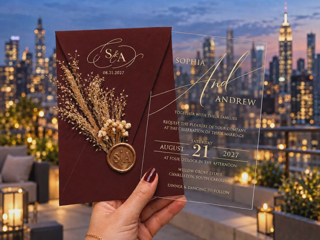 Video of the burgundy monogram invitation, showing the dried botanical sprig, round wax seal, and gold lettering on the clear card.