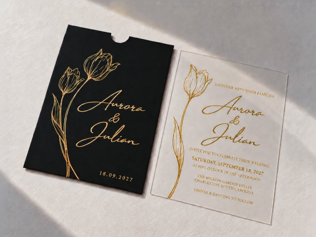 Video of the black Tulip invitation set, showing gold floral artwork and lettering on the sleeve and clear card.