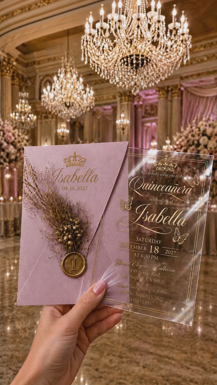 Invitation de mariage en acrylique transparent avec impression dorée et sceau de cire