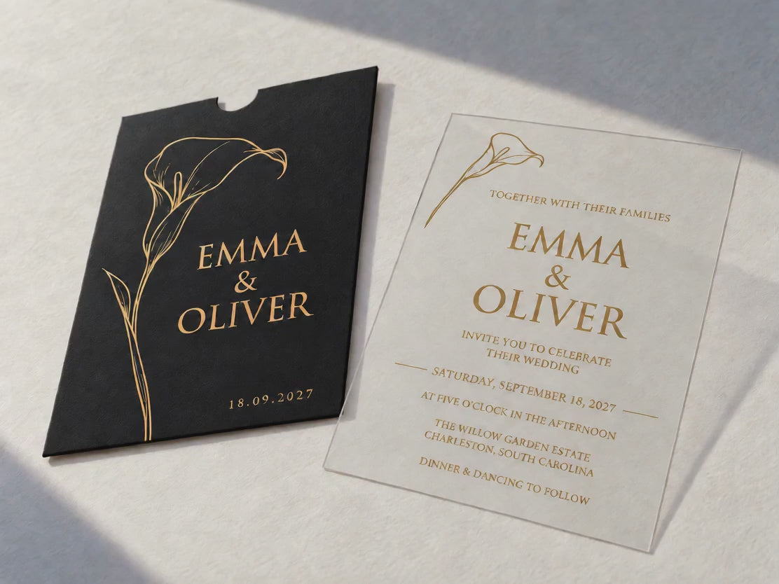Video of the black Calla Lily invitation set, with close-ups of gold lettering and the clear invitation card.
