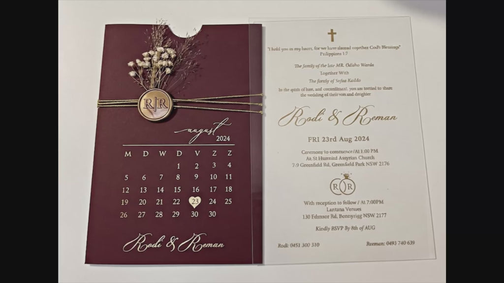Burgundy Acrylic Wedding Invitation, Gold Foil Clear Card, Calendar Wedding Invite