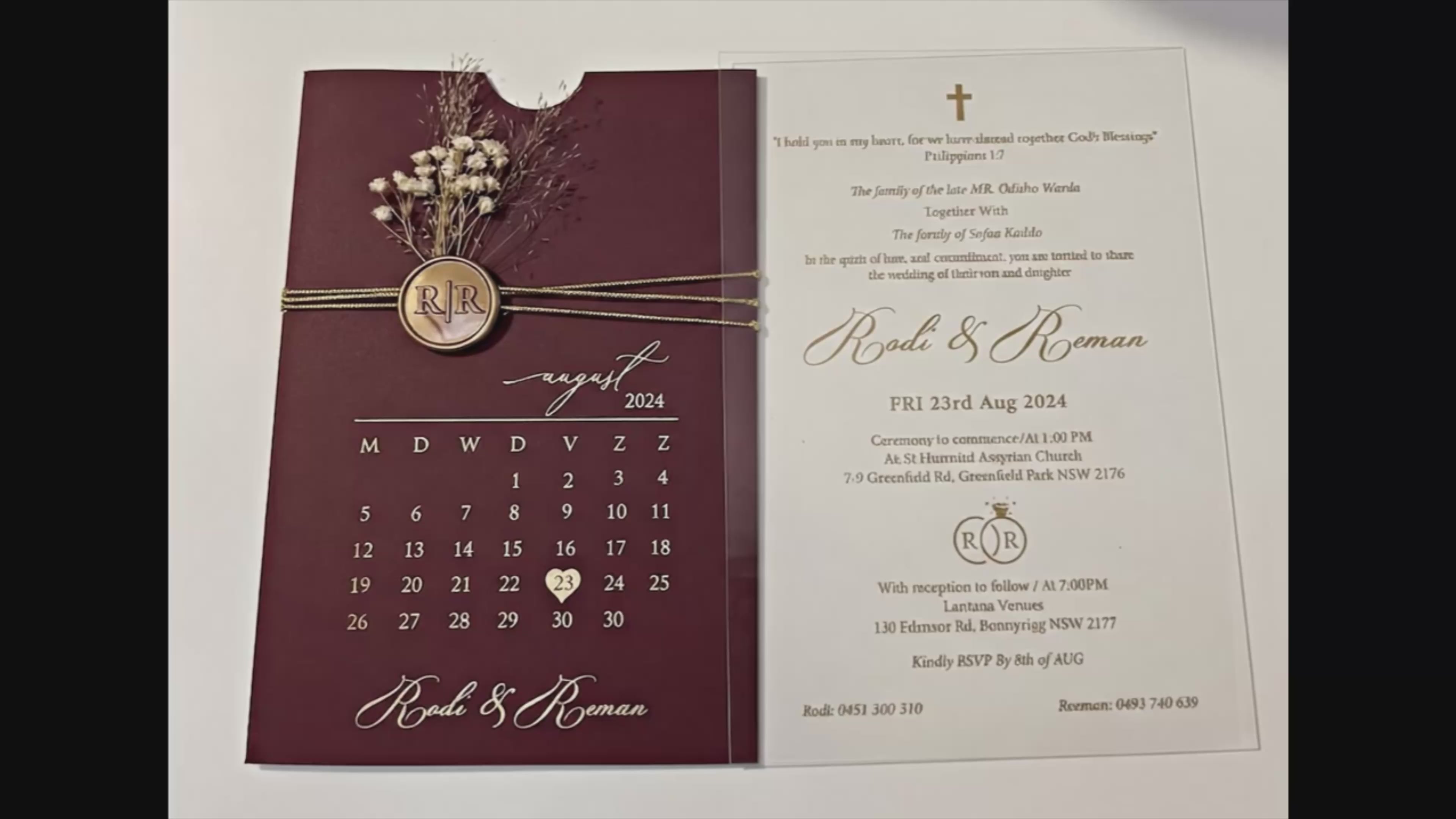 Burgundy Acrylic Wedding Invitation, Gold Foil Clear Card, Calendar Wedding Invite
