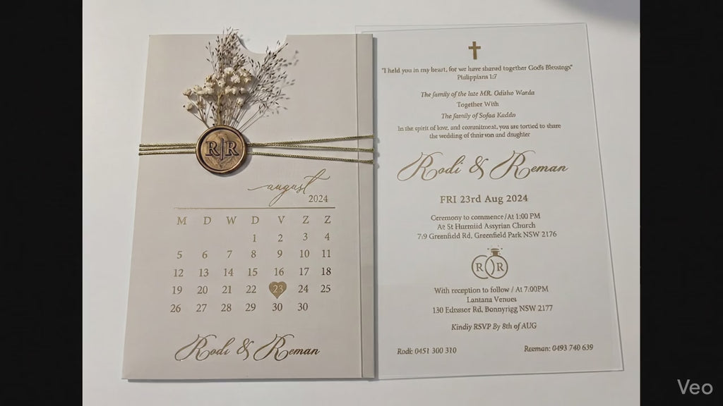 White Acrylic Wedding Invitation, Gold Foil Clear Card, Calendar Wedding Invite