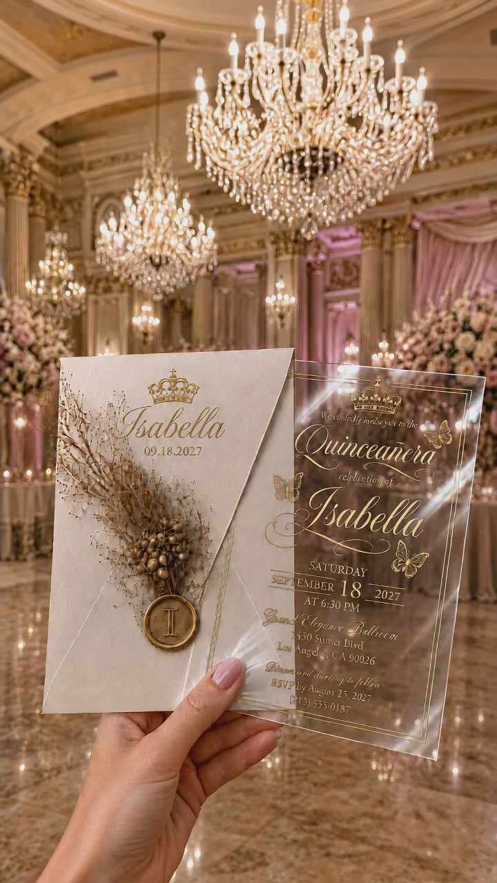 Personalized Clear Acrylic Quinceañera Invitations with Gold Print & Off-White Envelope