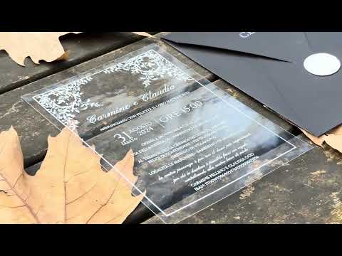 Clear Acrylic Wedding Invitation with White Print, Black Envelope & White Wax Seal