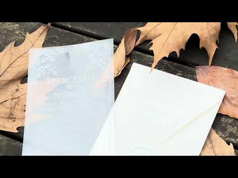 Clear Acrylic Wedding Invitation with White Print, White Envelope & White Wax Seal