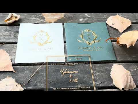 Clear Acrylic Wedding Invitation with Gold Foil & Green or White Envelope