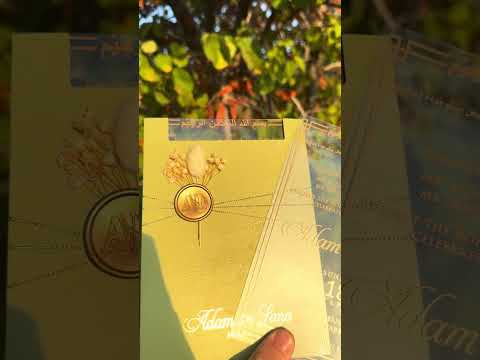 Clear Acrylic Wedding Invitation with Gold Print, Light Green Envelope, Gold Ribbon, Gold Wax Seal & Dried Flowers