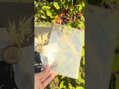 Clear Acrylic Wedding Invitation with Gold Print, Black Envelope, White Ribbon, Gold Wax Seal & Dried Flowers