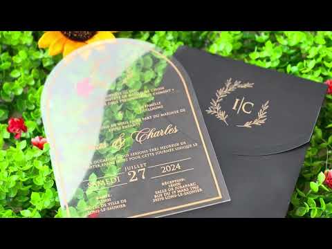 Clear Acrylic Wedding Invitation with Gold Print & Black Envelope